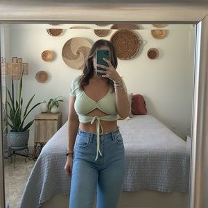 Green tie crop top